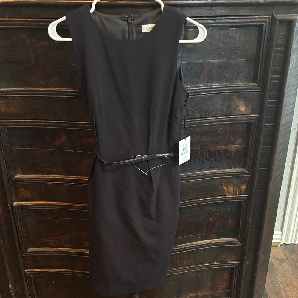 Calvin Klein Black Midi Dress with Belt NWT